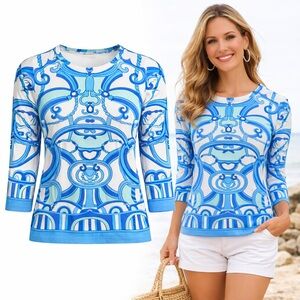 Barbara Gerwit | Blue Scroll Print Top | Cotton Stretch | 3/4 Sleeve | Size M